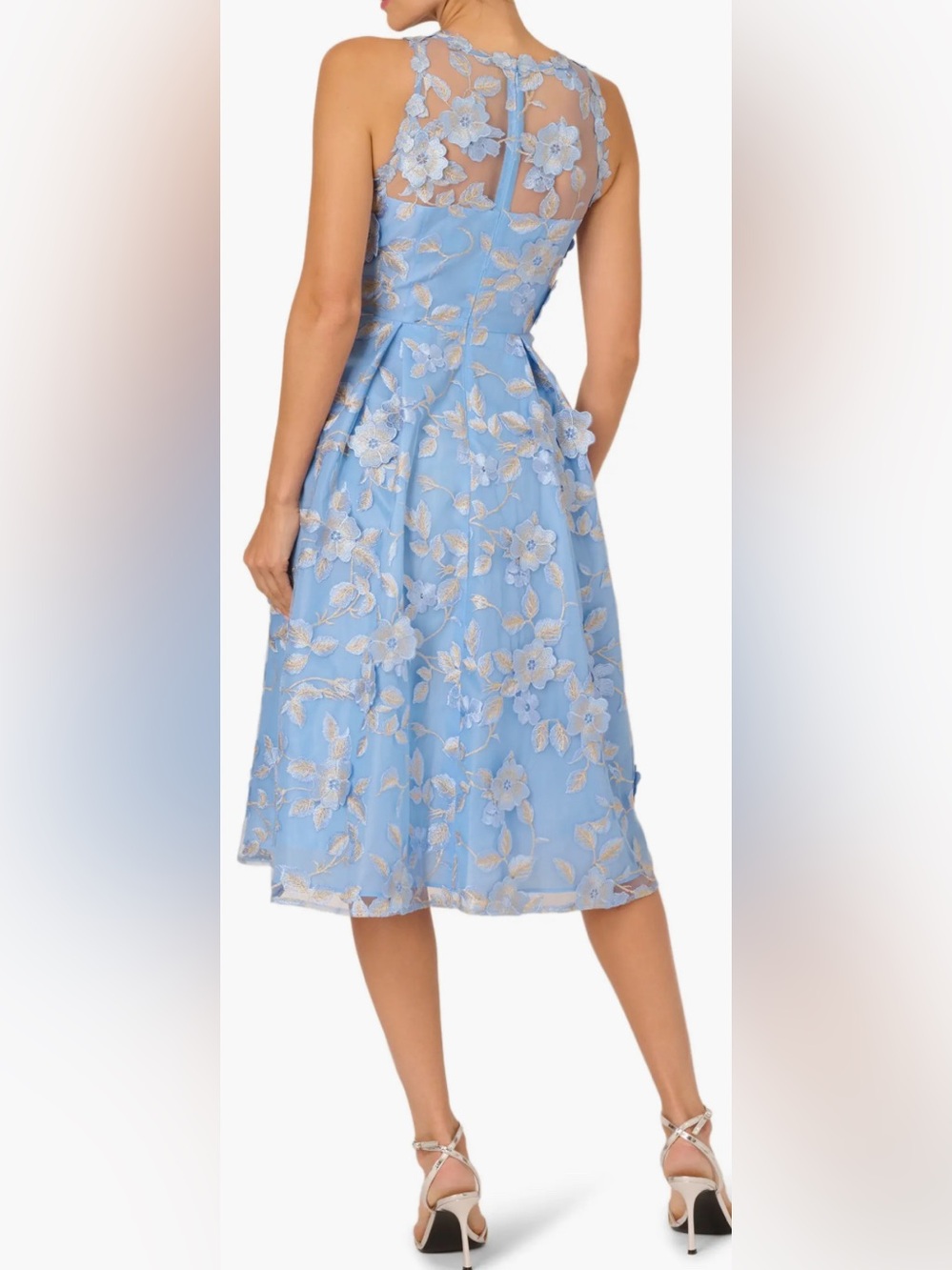 Adrianna Papell Light Blue Floral Appliqué Illusion Neck Midi Dress - Picture 3 of 13